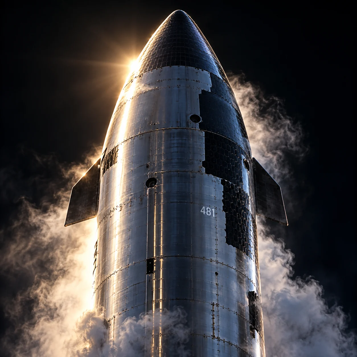 AI-generated close-up of an original metallic space vehicle with 481 marking
