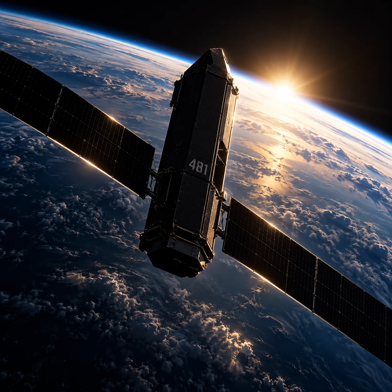 Original fictional spacecraft numbered 481 with solar panels over Earth